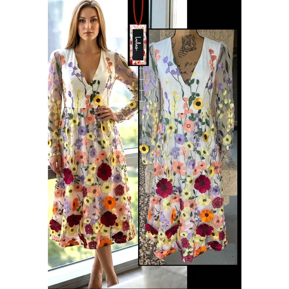 Lulus White 3D Floral Embroidered Front Back Blossom Midi Dress Size S NEW - Picture 1 of 14